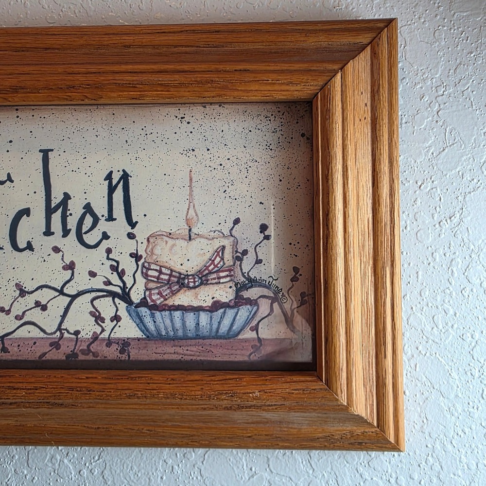 Vintage Mary Ann June Country Kitchen Oak Framed Art Primitive Teddy Bear - Picture 5 of 7
